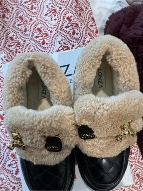 Lonza Women's Tan Shearling-Trim Platform Loafers